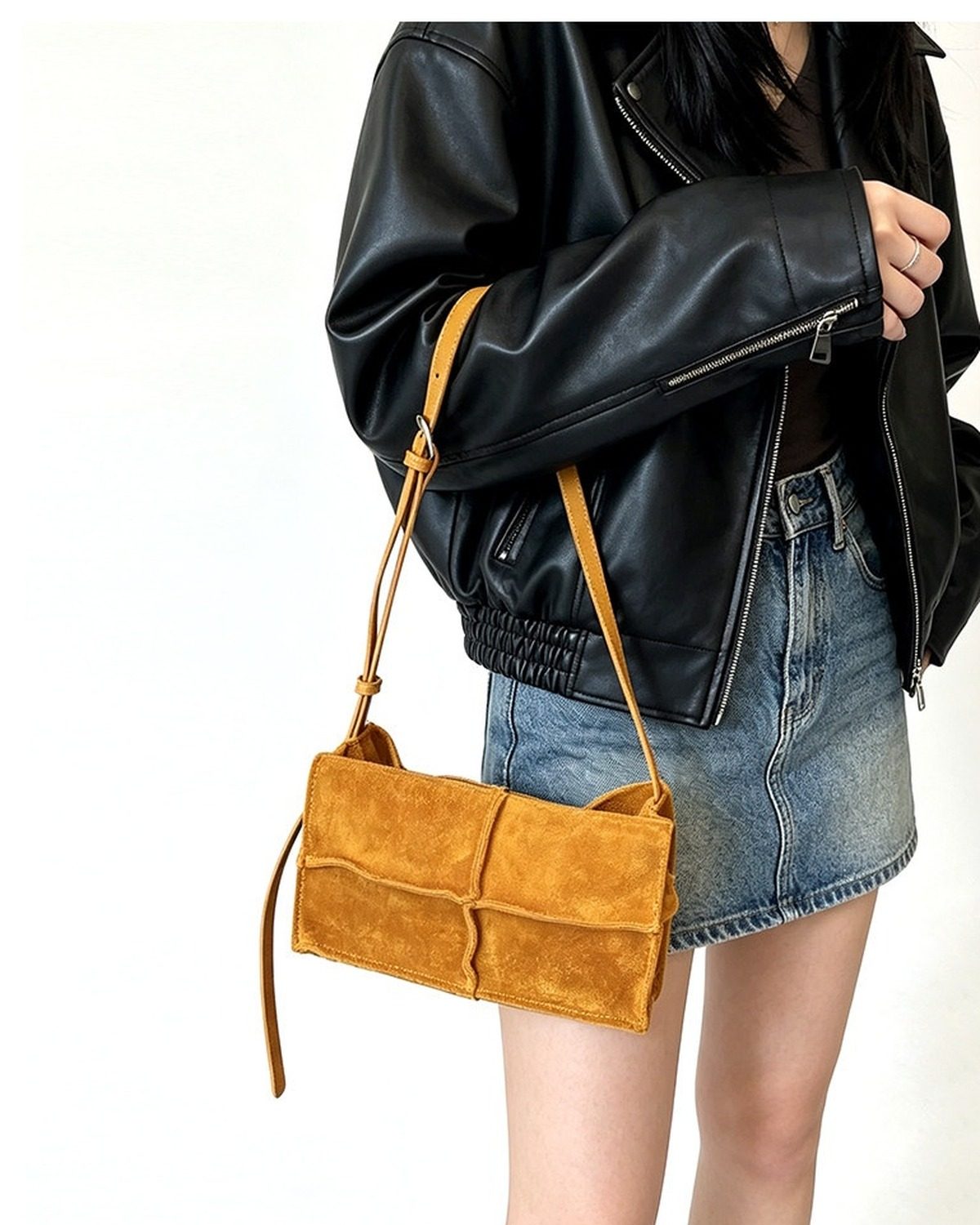 Wildfool The Urbino Patchwork Tote in Mustard, worn on the shoulder