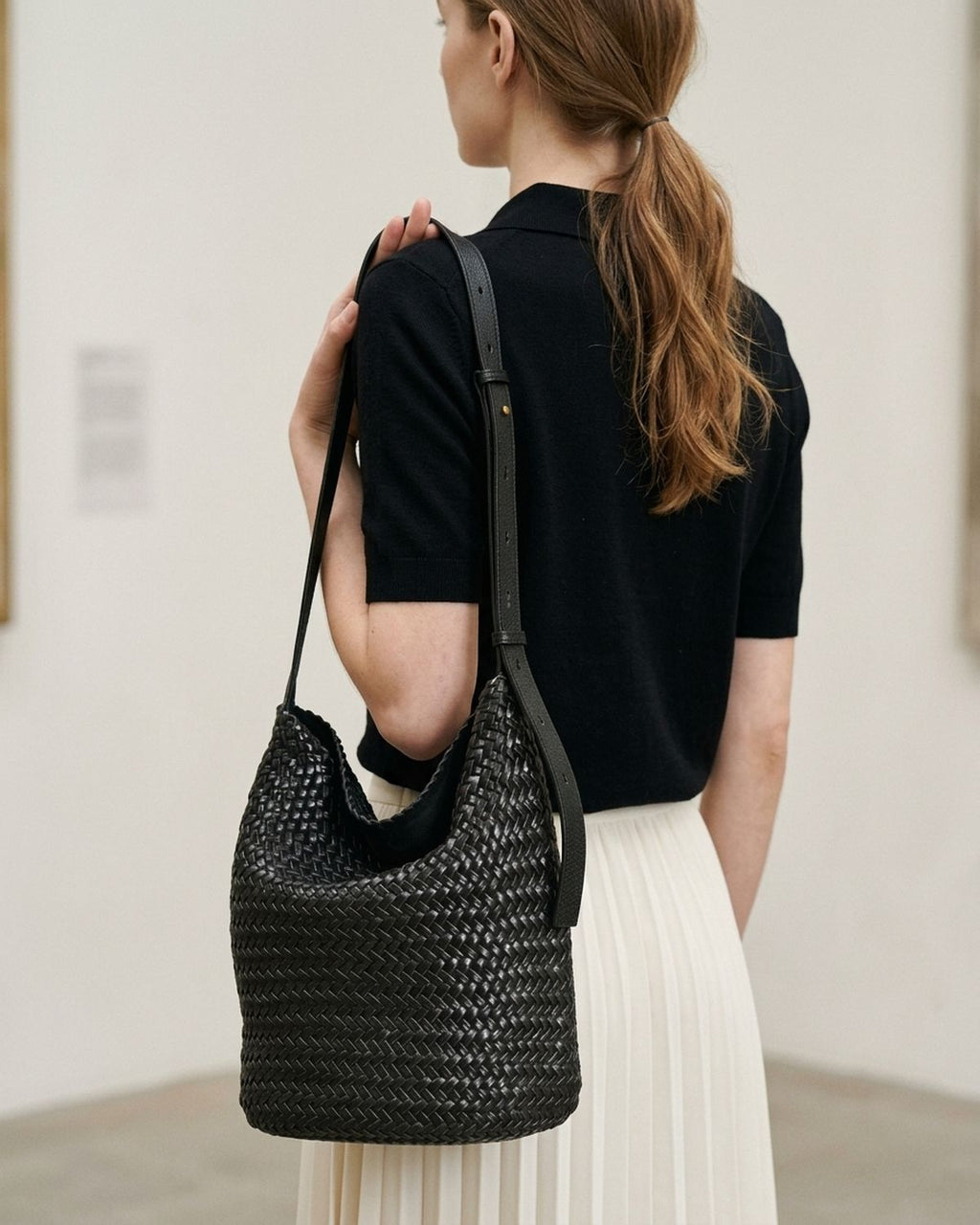 The Lecce Woven Bucket, herringbone woven bucket bag