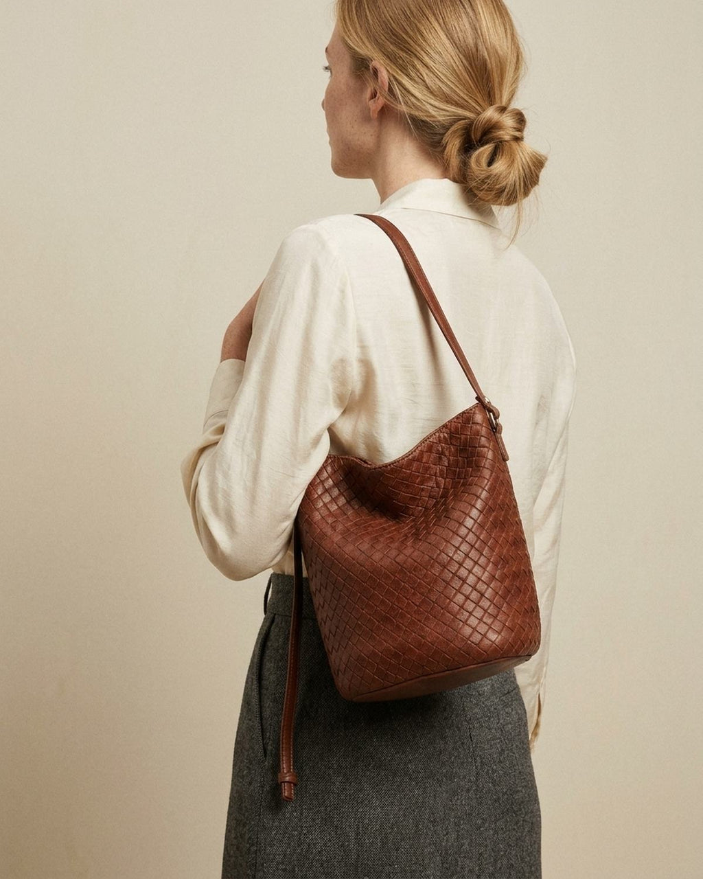 The Lecce Woven Bucket, herringbone woven bucket bag