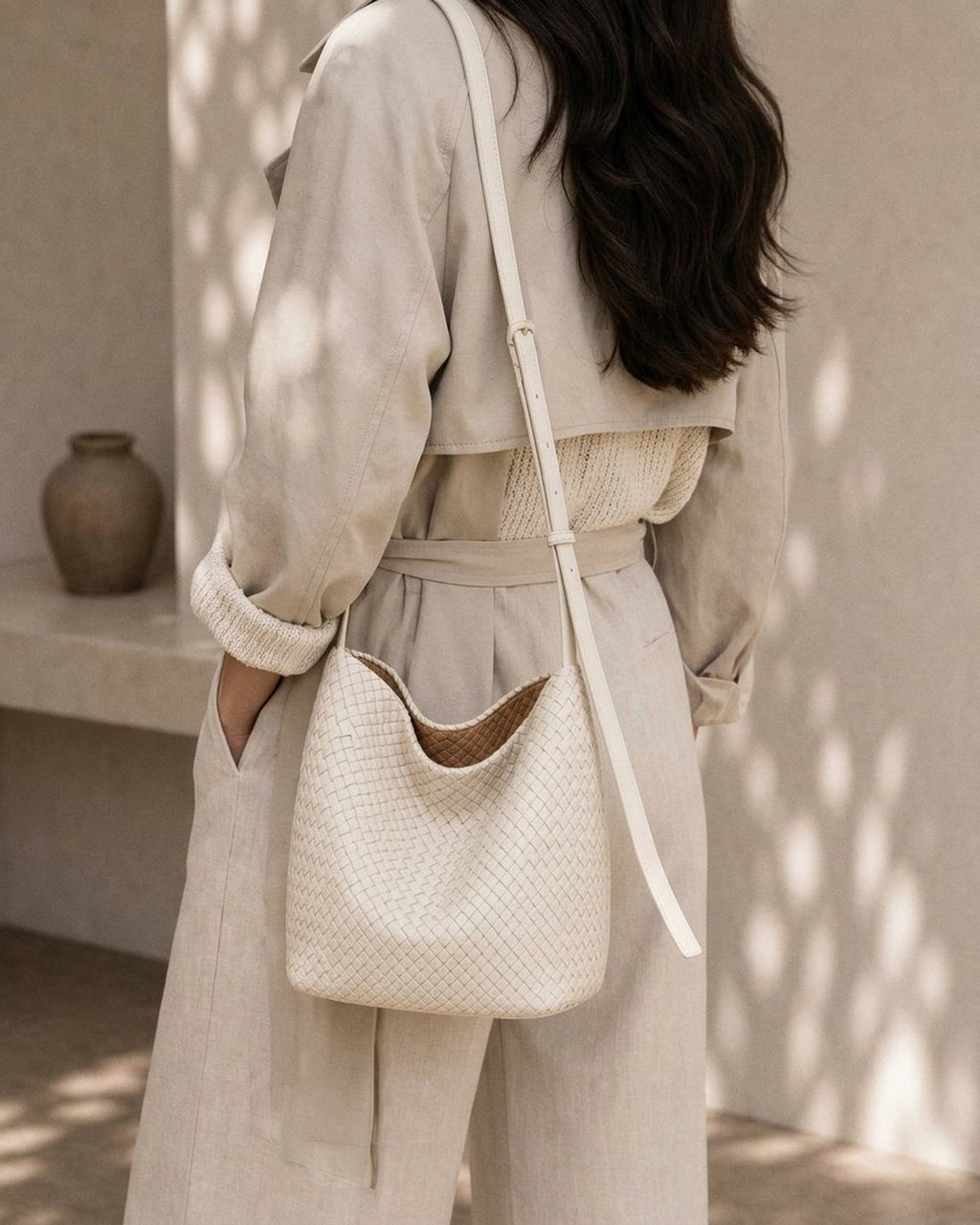 The Lecce Woven Bucket, herringbone woven bucket bag