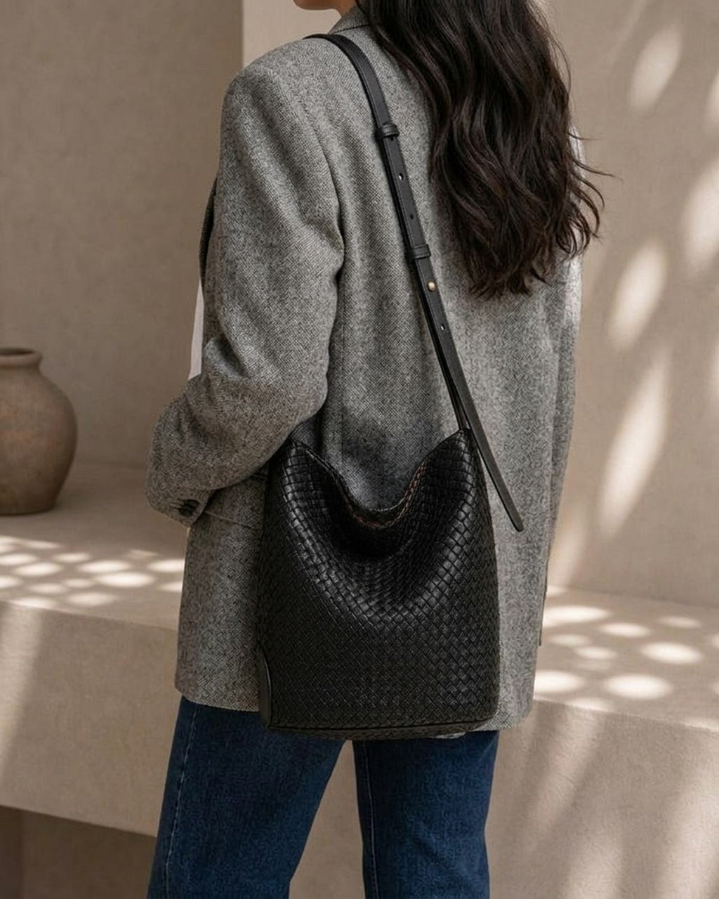 The Lecce Woven Bucket, herringbone woven bucket bag