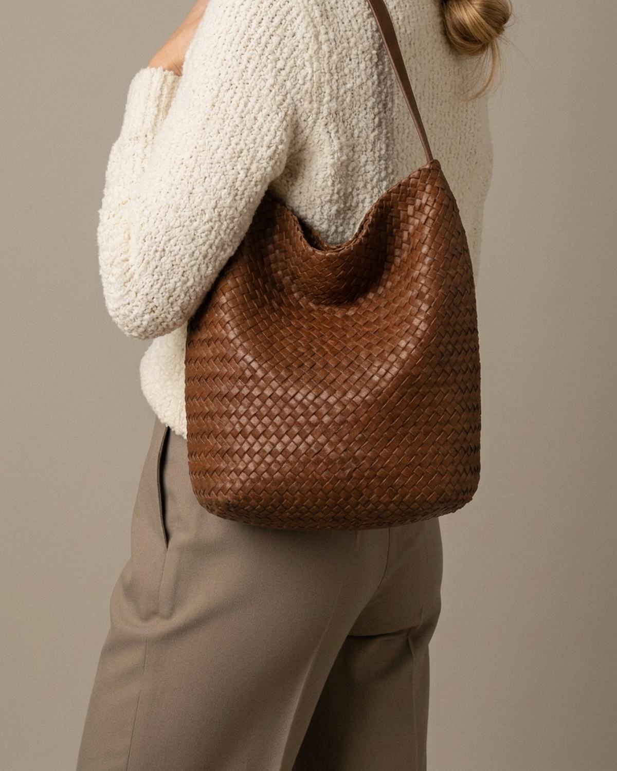 The Lecce Woven Bucket, herringbone woven bucket bag
