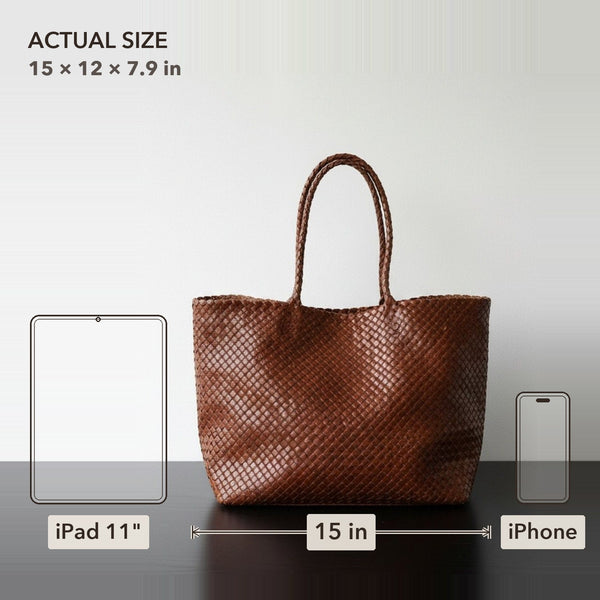 The Heritage Woven Leather Tote shown to scale beside an 11-inch iPad and an iPhone
