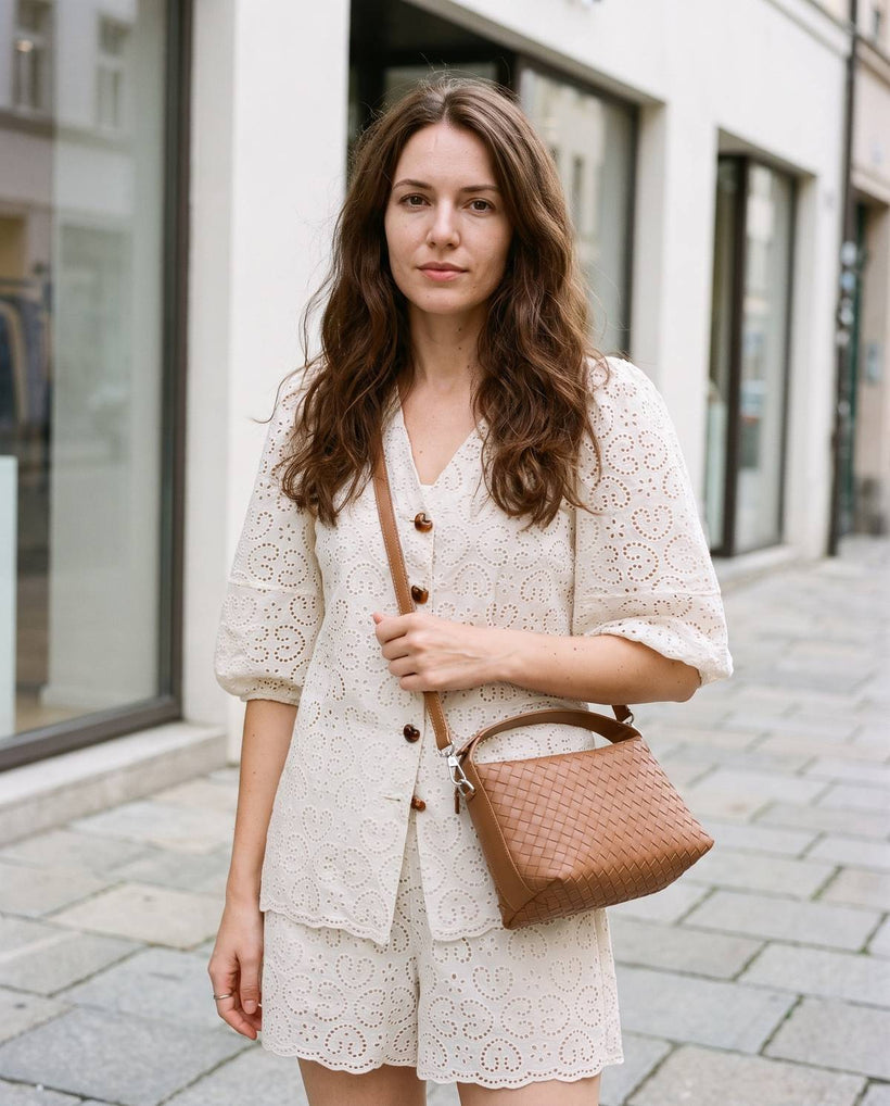Wildfool The Parma Woven Mini Hobo in Caramel, styled and worn