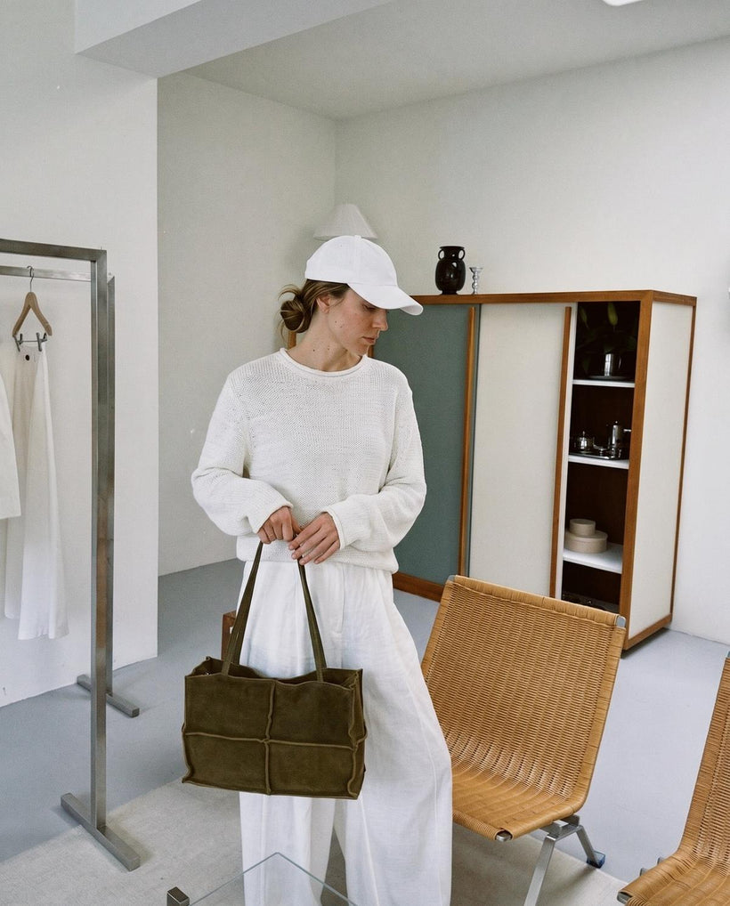Wildfool The Urbino Patchwork Tote in Olive, styled and worn