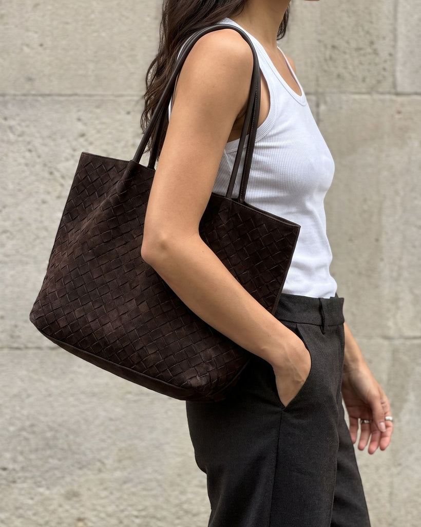Wildfool The Perugia Woven Tote in Black, styled and worn