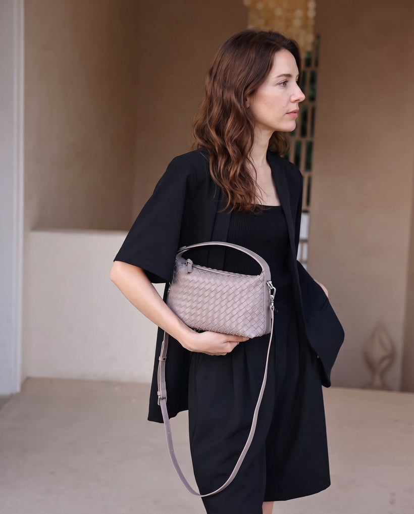 Wildfool The Parma Woven Mini Hobo in Grey, styled and worn