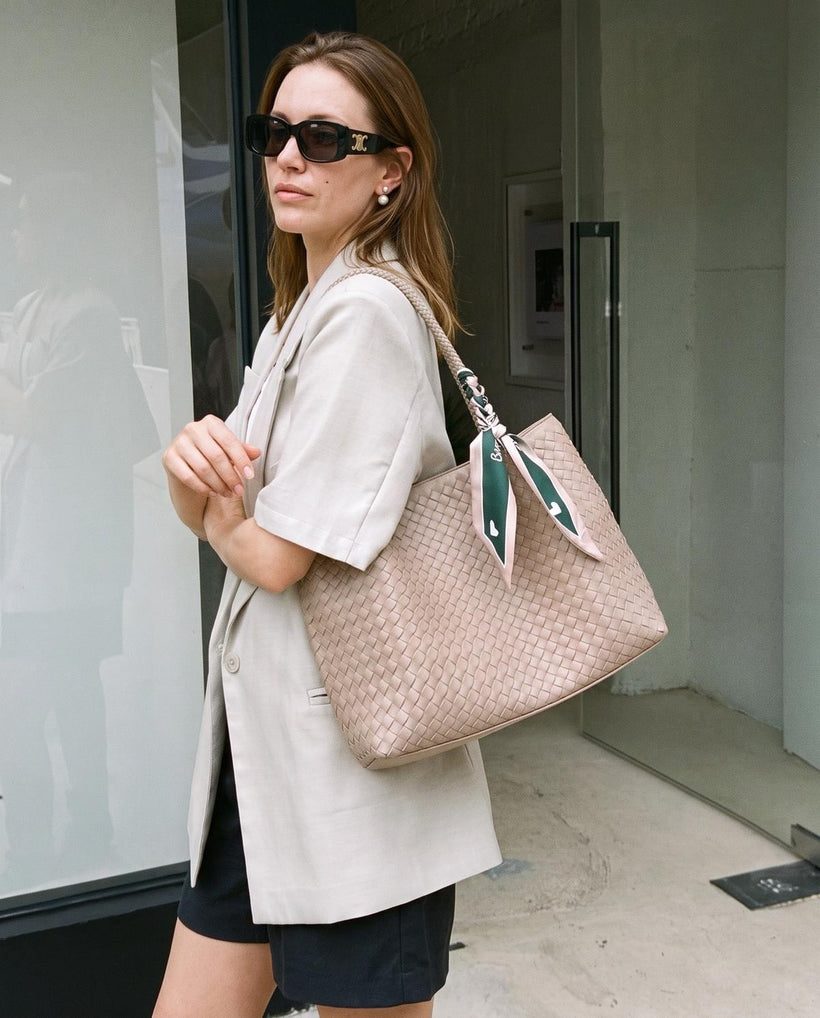 Wildfool The Vicenza Woven Tote in Sand, styled and worn