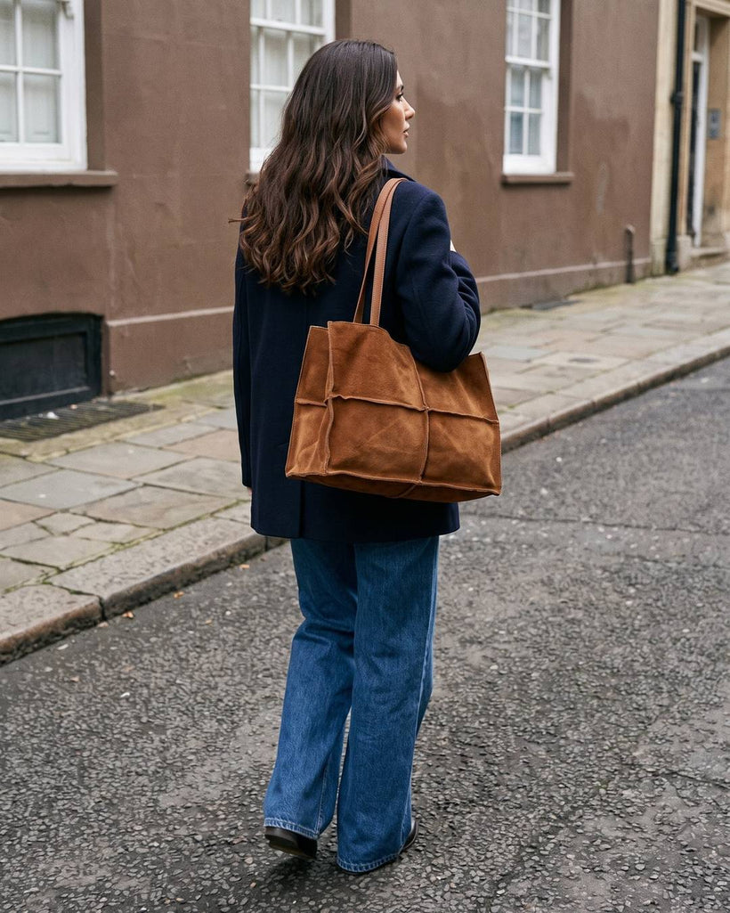 Wildfool The Urbino Patchwork Tote in Caramel, styled and worn
