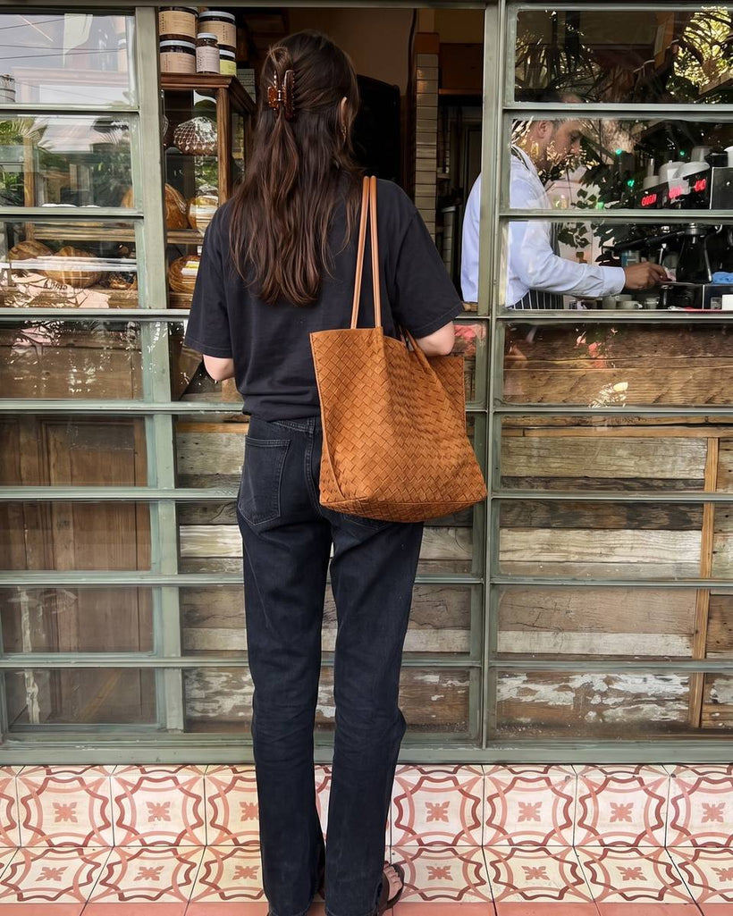 Wildfool The Perugia Woven Tote in Caramel, styled and worn
