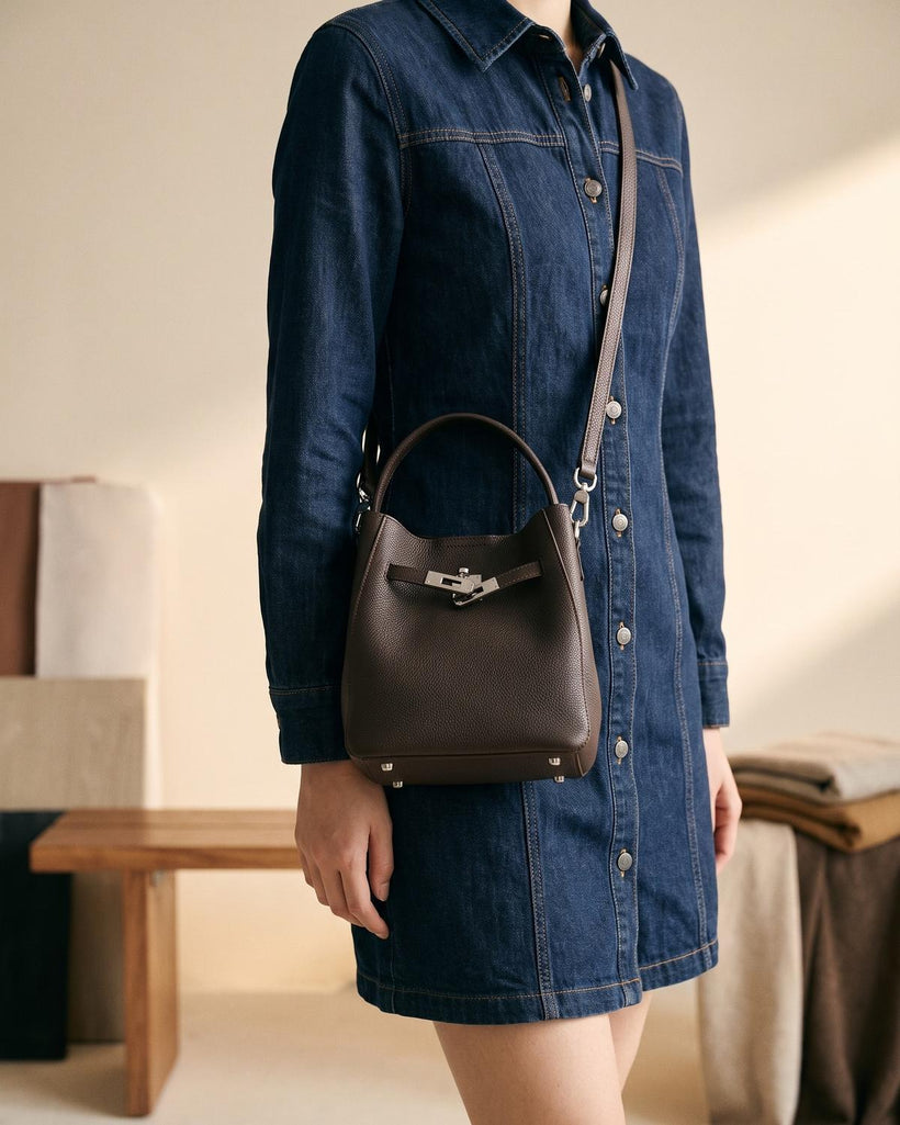 Wildfool The Orvieto Mini Bucket in Espresso, styled and worn (2)