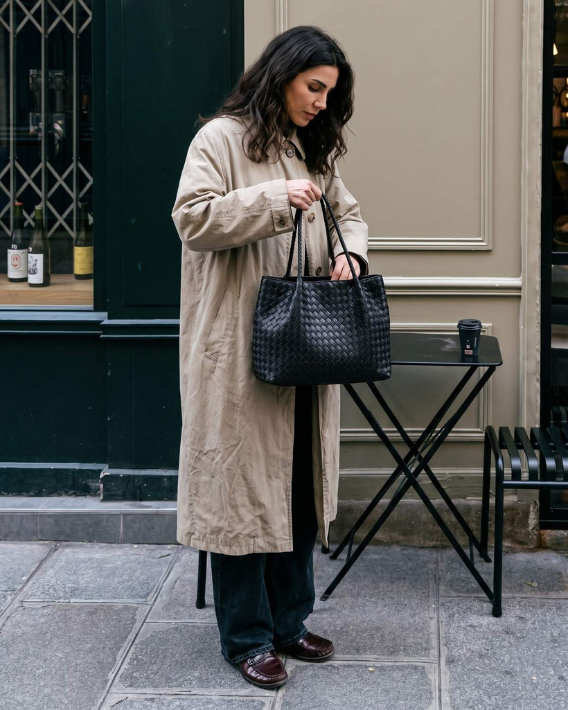 Wildfool The Vicenza Woven Tote in Black, styled and worn
