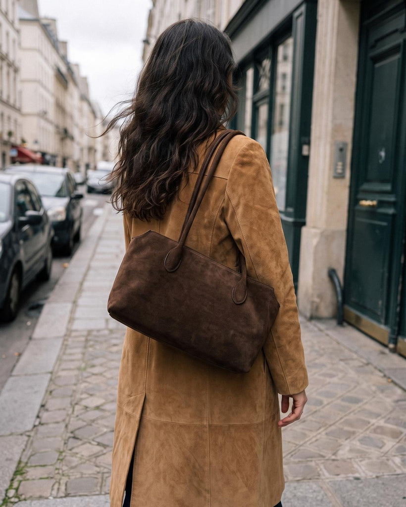 Wildfool The Padova Shoulder Tote in Chocolate, styled and worn (2)