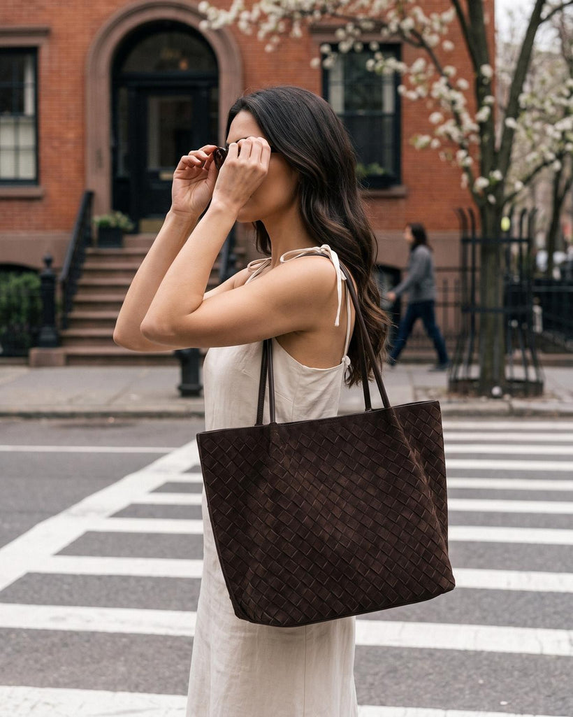 Wildfool The Perugia Woven Tote in Chocolate, styled and worn (2)