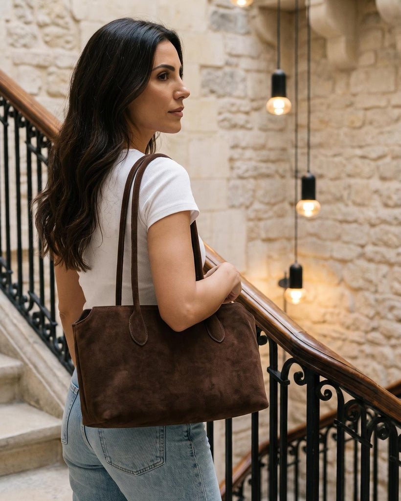 Wildfool The Padova Shoulder Tote in Chocolate, styled and worn (3)
