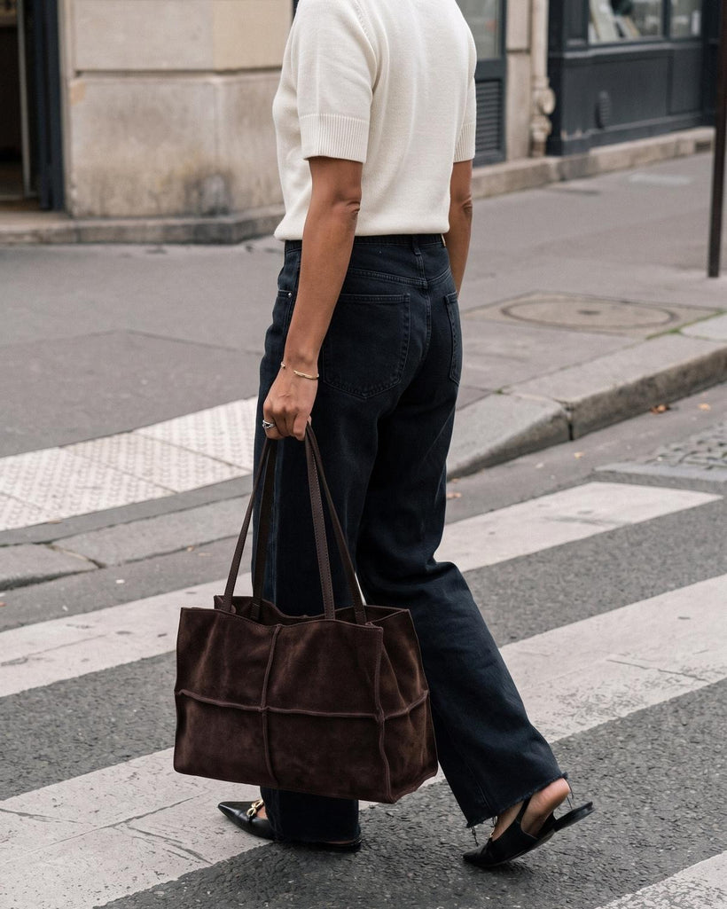 Wildfool The Urbino Patchwork Tote in Espresso, styled and worn