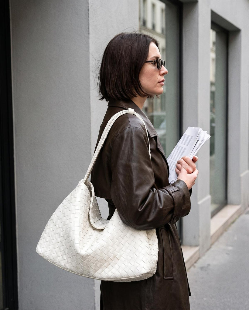 Wildfool The Treviso Woven Hobo in Ivory, styled and worn