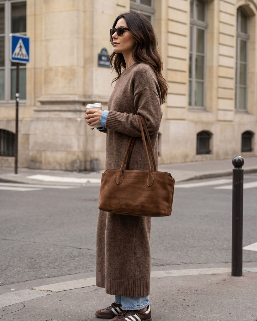 Wildfool The Padova Shoulder Tote in Chocolate, styled and worn (4)