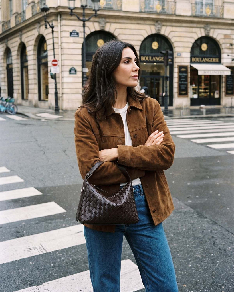 Wildfool The Parma Woven Mini Hobo in Espresso, styled and worn