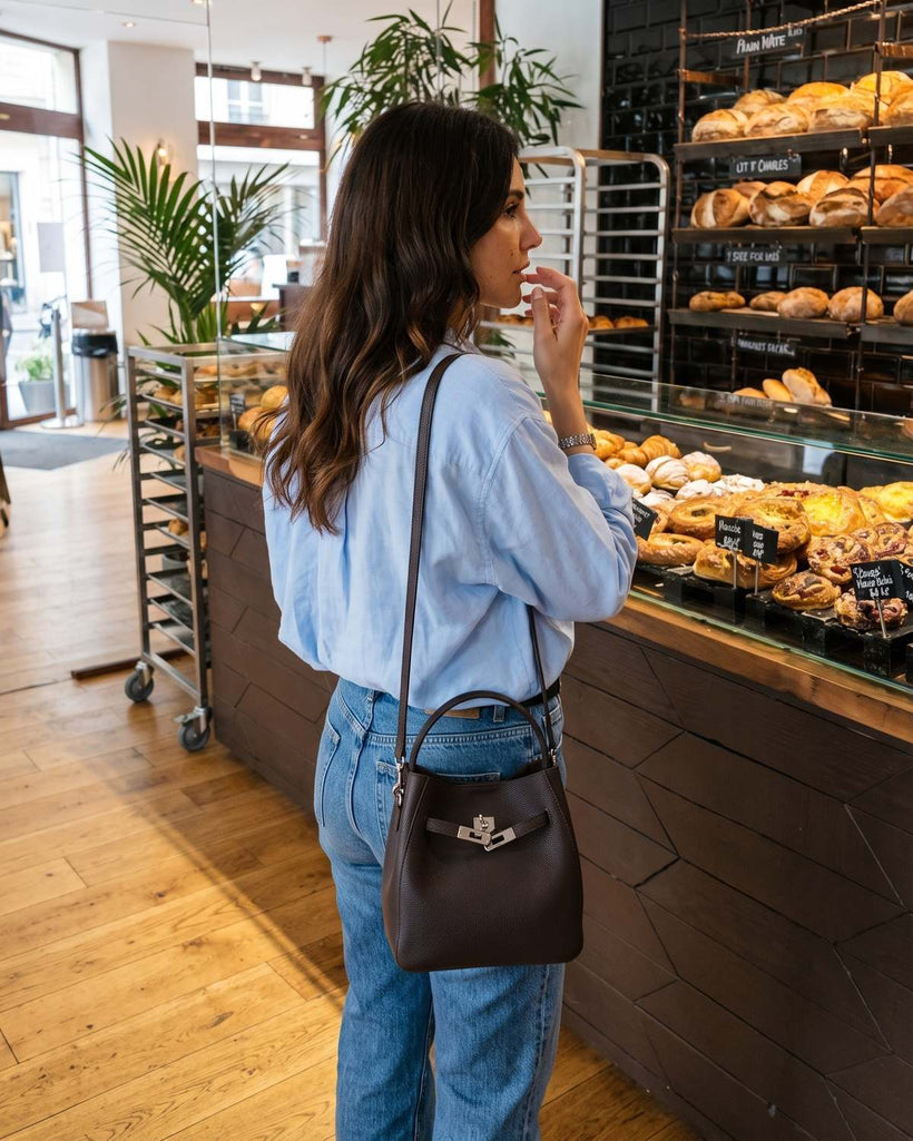 Wildfool The Orvieto Mini Bucket in Espresso, styled and worn (5)