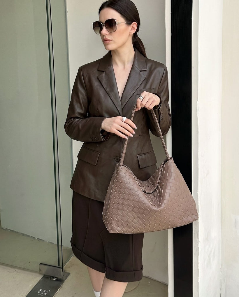 Wildfool The Treviso Woven Hobo in Taupe, styled and worn