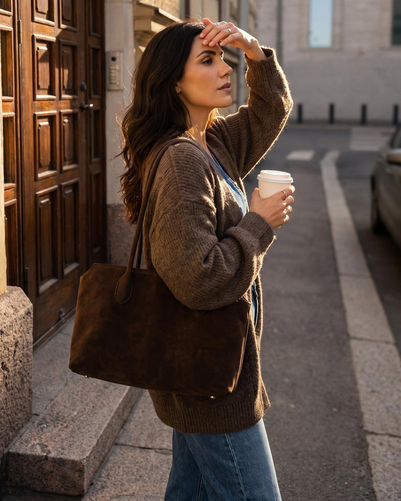 Wildfool The Padova Shoulder Tote in Chocolate, styled and worn (5)