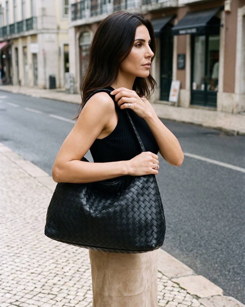 Wildfool The Treviso Woven Hobo in Black, styled and worn (2)