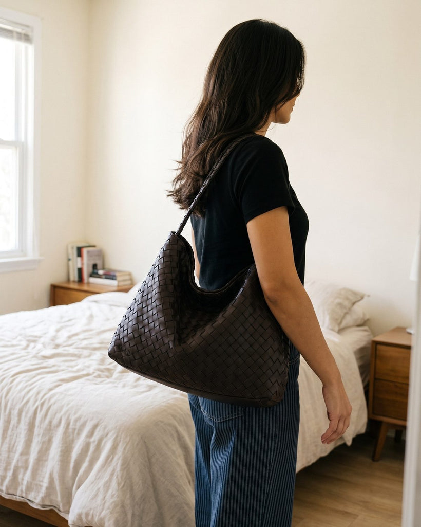 Wildfool The Treviso Woven Hobo in Espresso, styled and worn (2)