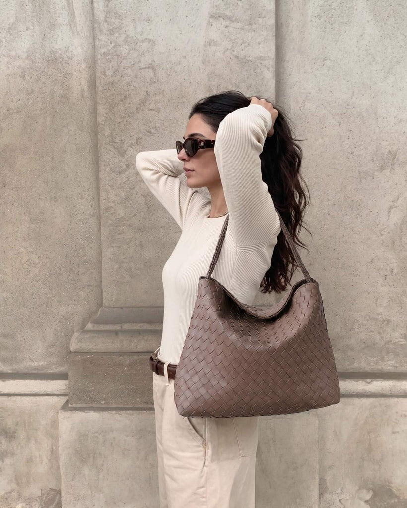 Wildfool The Treviso Woven Hobo in Taupe, styled and worn (2)
