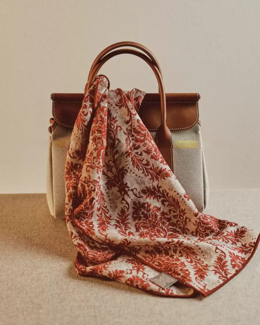 Wildfool 65cm red baroque scarf folded to show dimensional red-cream alternating layers