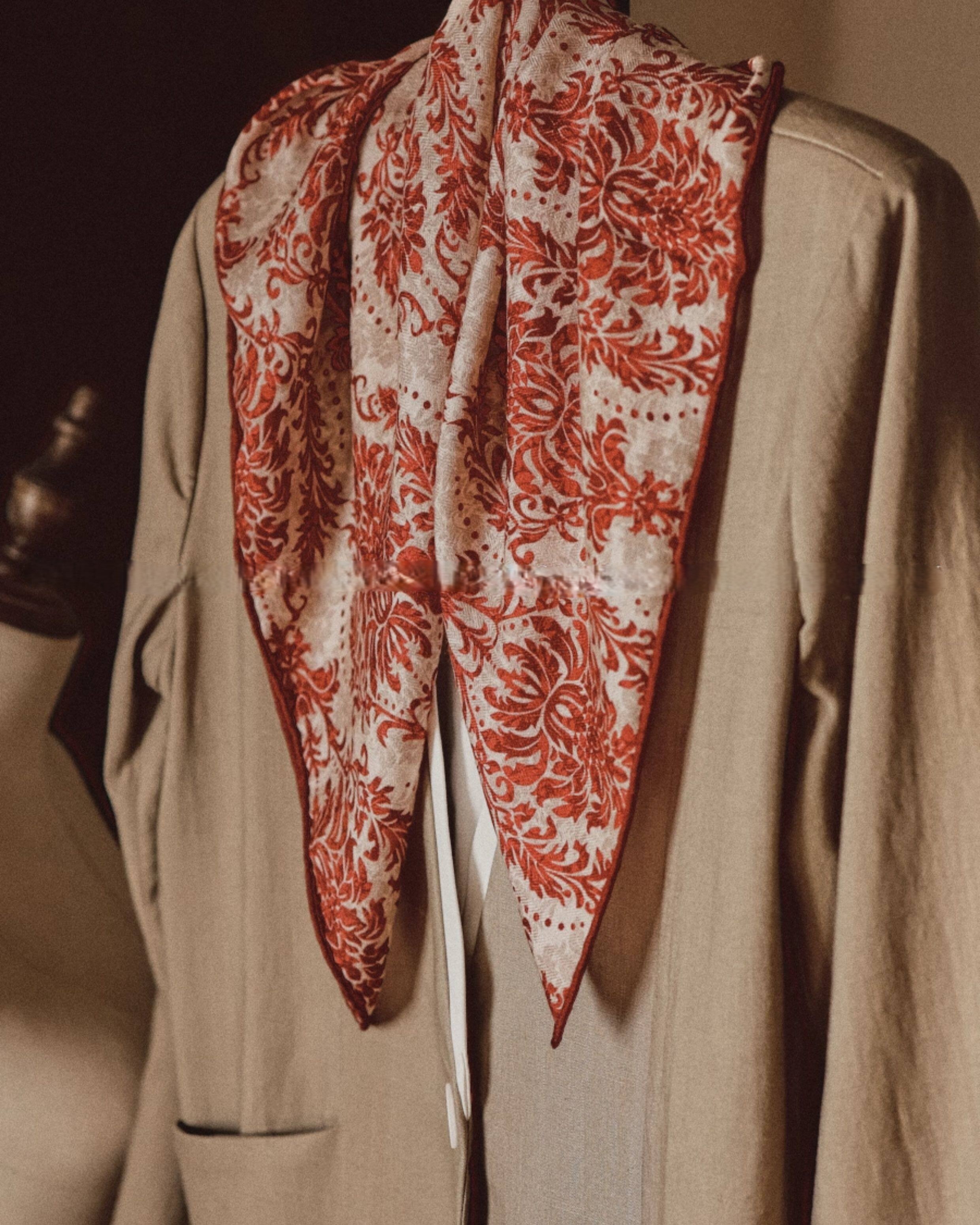 Wildfool 65cm red baroque scarf folded to show dimensional red-cream alternating layers