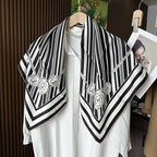 Detail of 18mm mulberry silk twill texture on black and white striped scarf — Wildfool