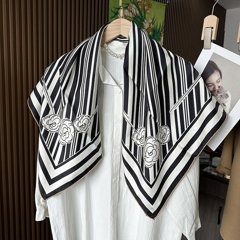 Detail of 18mm mulberry silk twill texture on black and white striped scarf — Wildfool