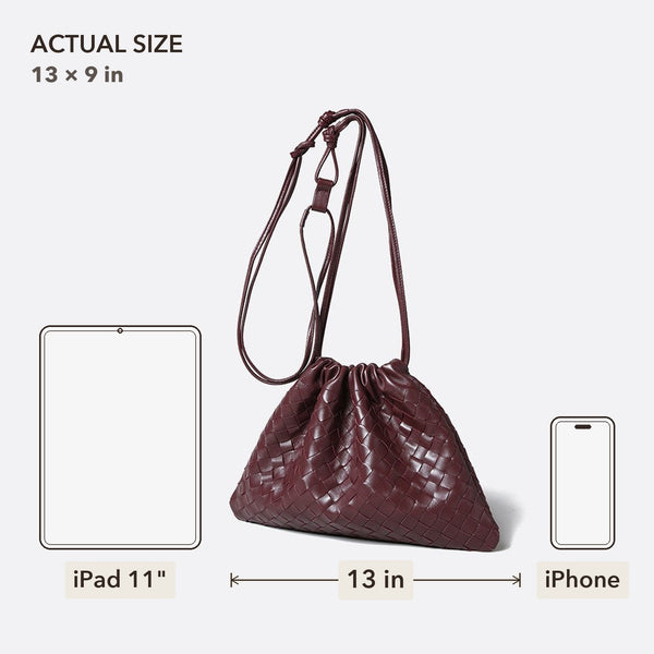 The Matera Woven Pouch shown to scale beside an 11-inch iPad and an iPhone