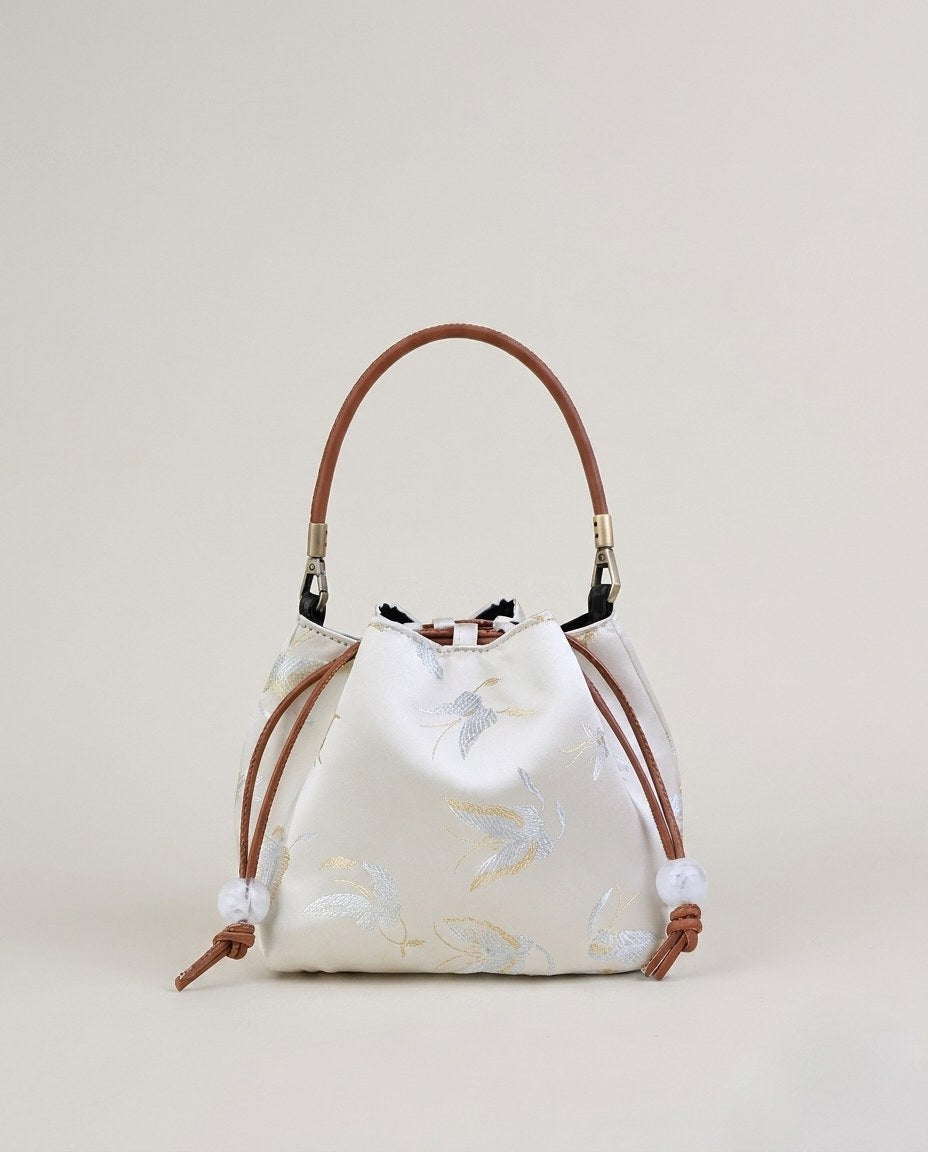 Wildfool The Brocade Bucket Bag in Butterfly Dream — pale silk brocade drawstring bag