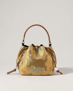 Wildfool The Brocade Bucket Bag in Gilded Tiger — gold silk-blend jacquard drawstring bag