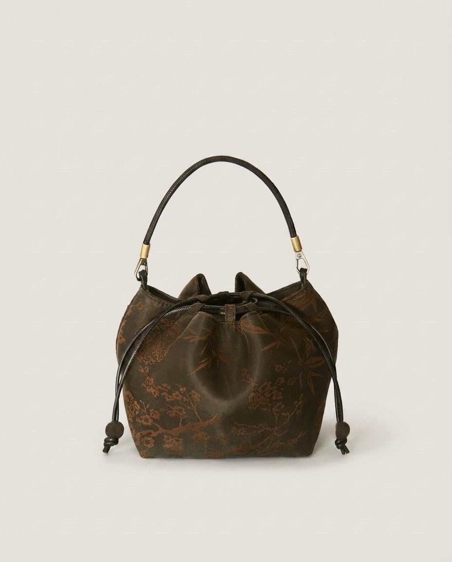 Wildfool The Brocade Bucket Bag in Midnight Garden — black silk-blend jacquard bucket bag