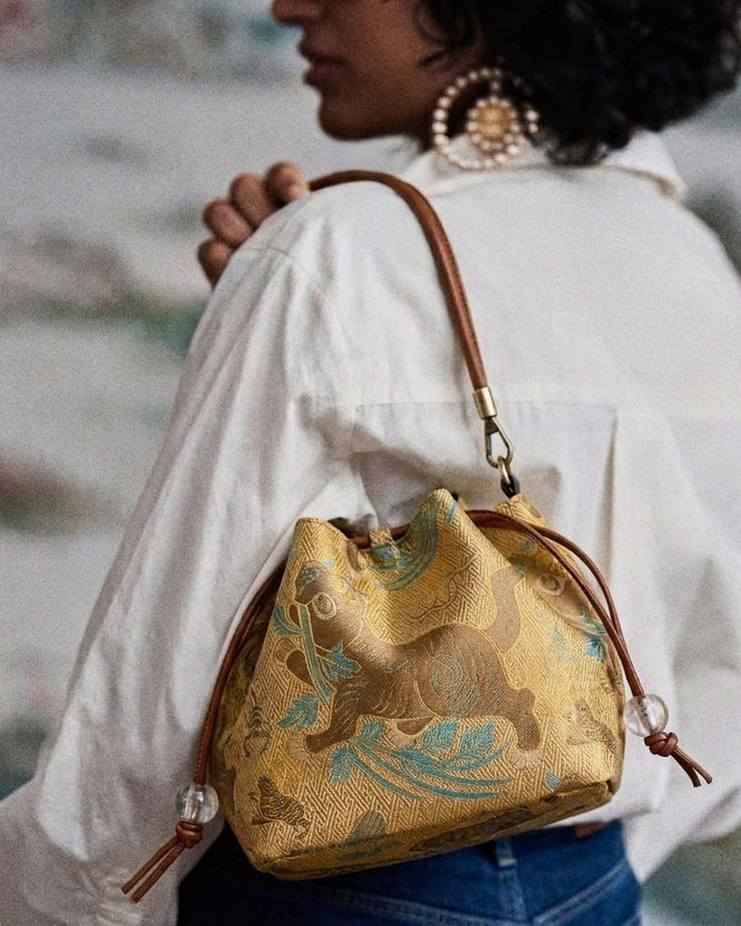 The Brocade Bucket Bag — worn