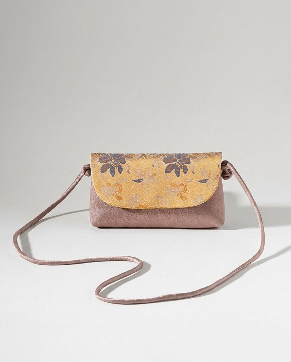 Wildfool The Brocade Flap Crossbody in Blooming Fortune — apricot silk-blend flap crossbody