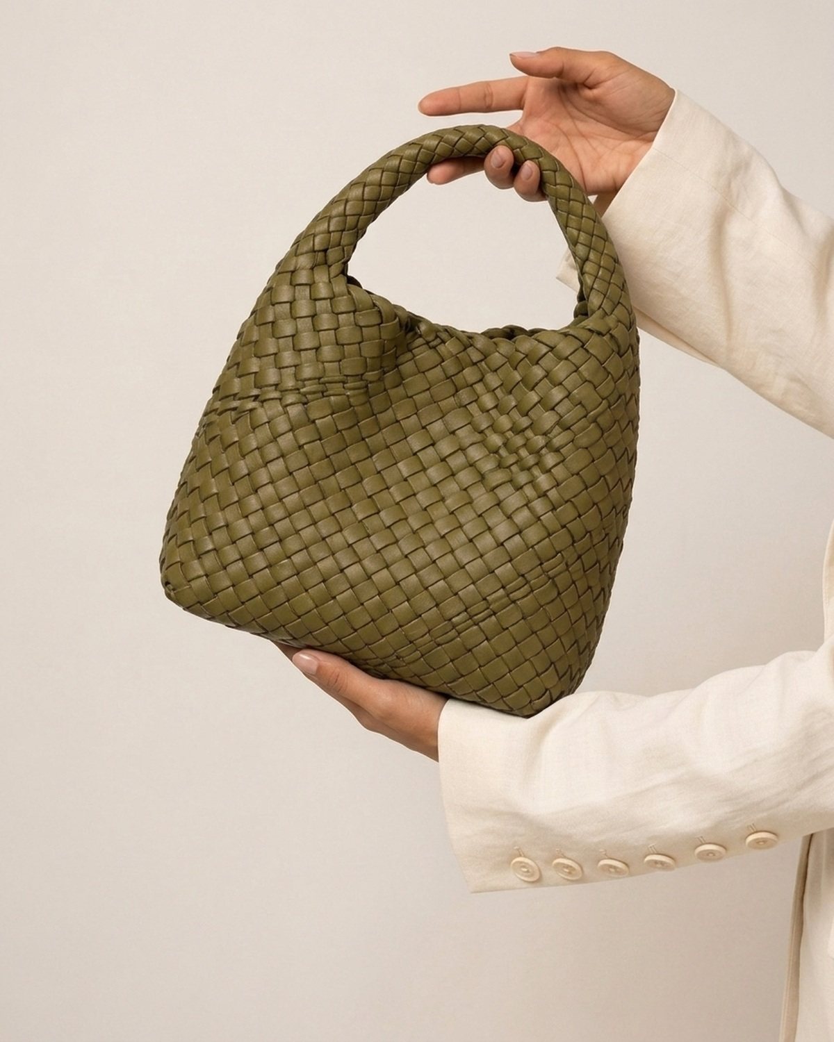 The Basketweave Leather Tote - Olive
