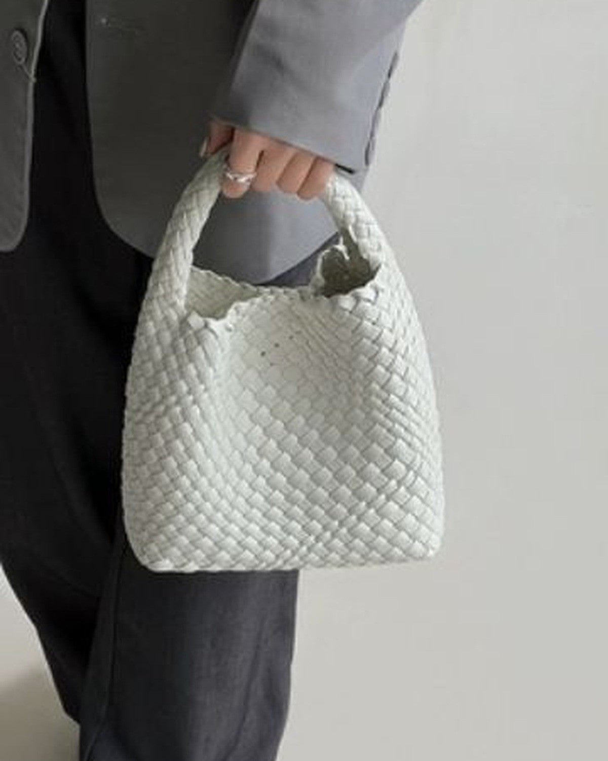 The Basketweave Leather Tote - White
