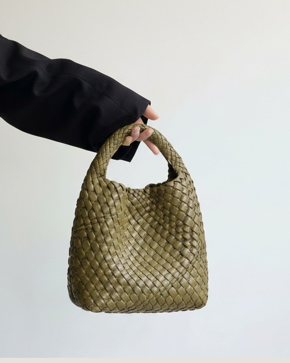The Basketweave Leather Tote - Olive