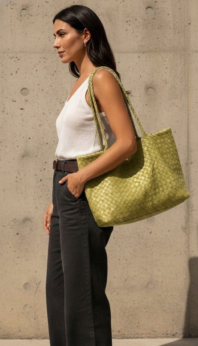 The Heritage Woven Leather Tote - Olive lifestyle