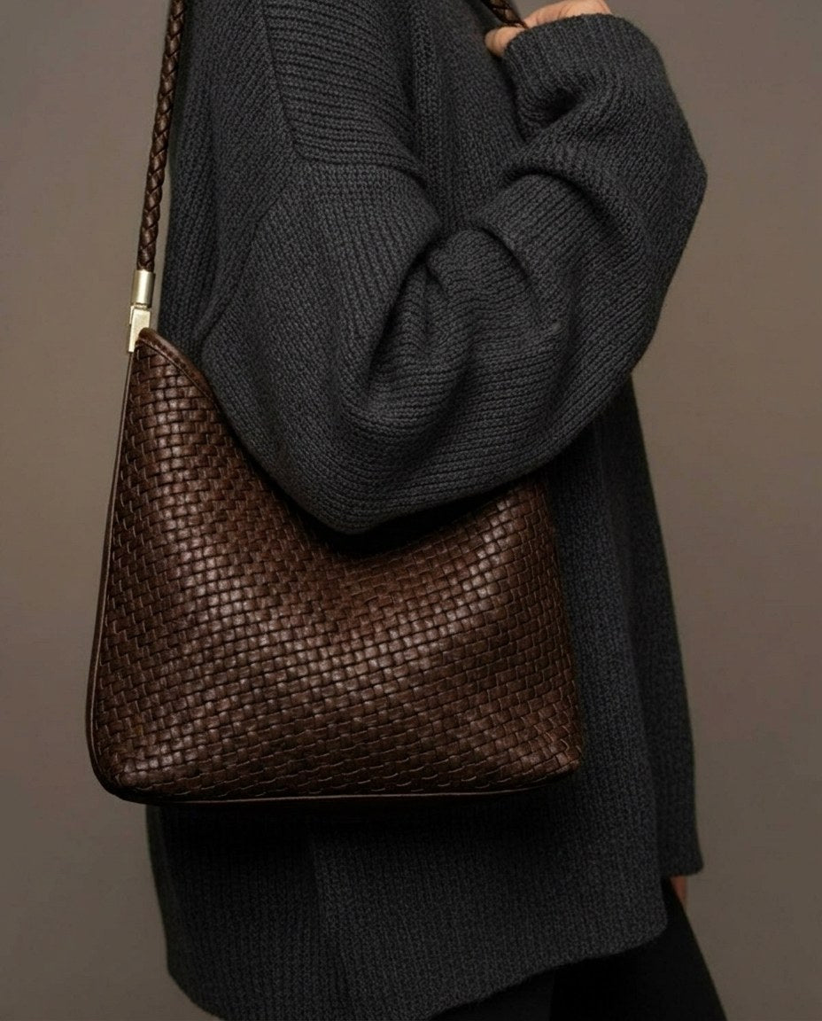 The Woven Leather Shoulder Bag - Espresso