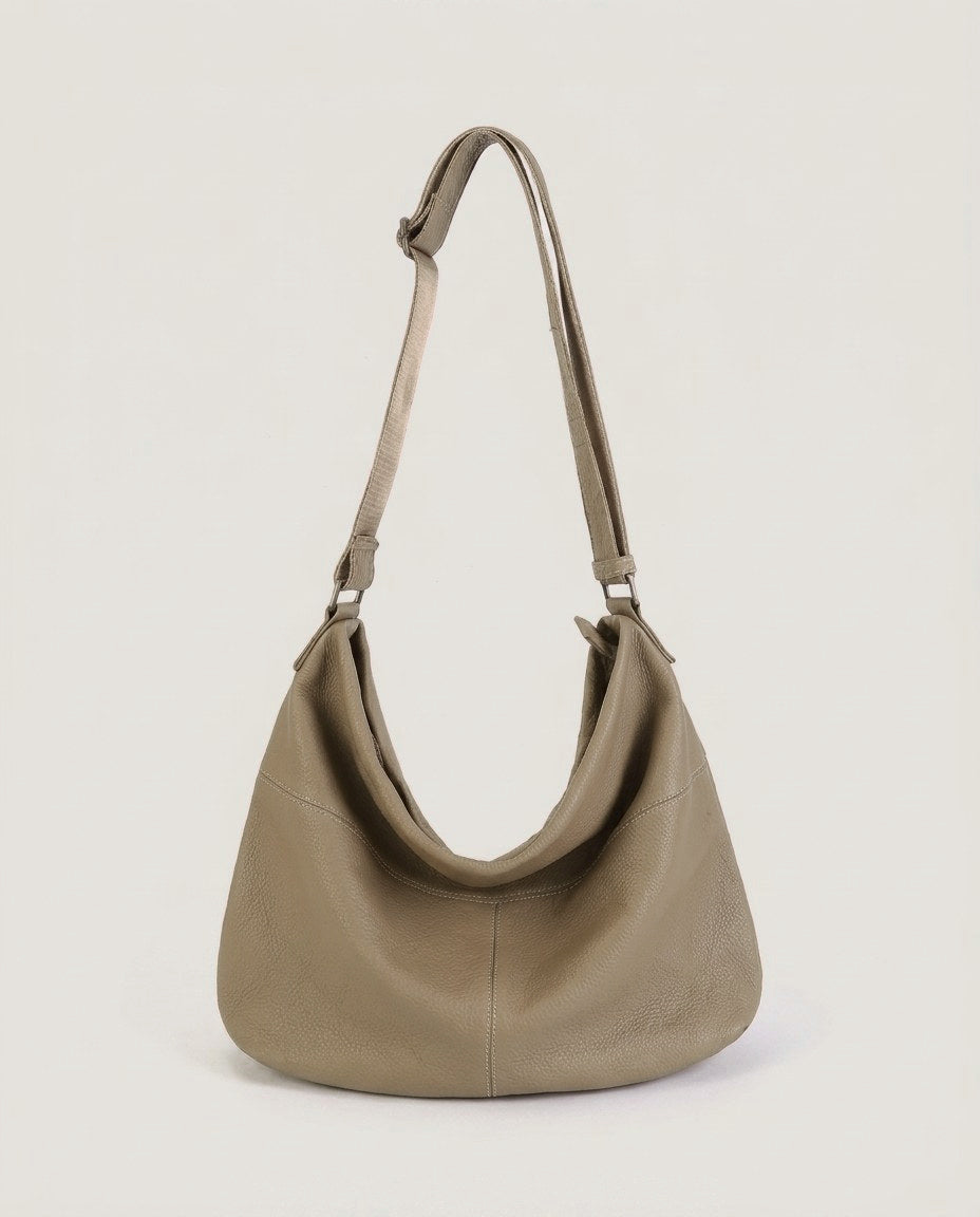 The Ferrara Hobo in Beige, soft taupe leather hobo with contrasting strap