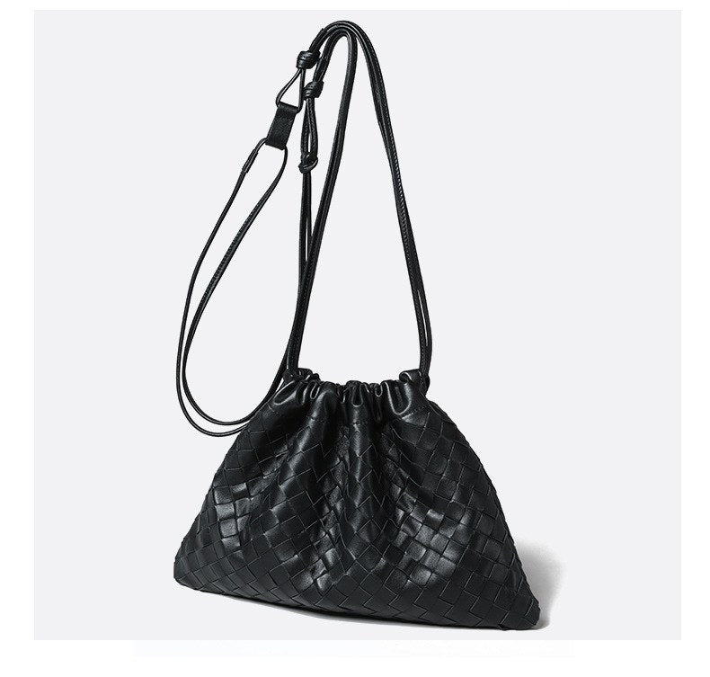 Wildfool The Matera Woven Pouch in Black — hand-woven leather cloud bag with knotted cord