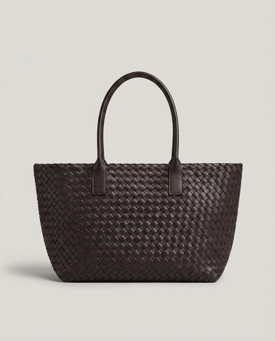 Wildfool The Palermo Woven Tote in Espresso — dark brown hand-woven leather tote
