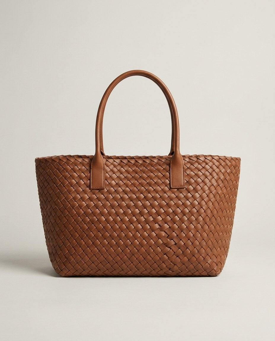 Wildfool The Palermo Woven Tote in Caramel — hand-woven leather tote with inner pouch
