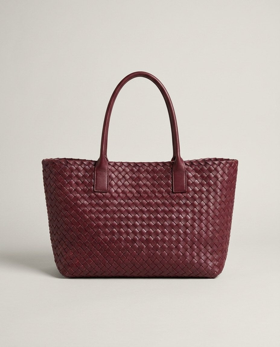 Wildfool The Palermo Woven Tote in Burgundy — woven leather basket tote