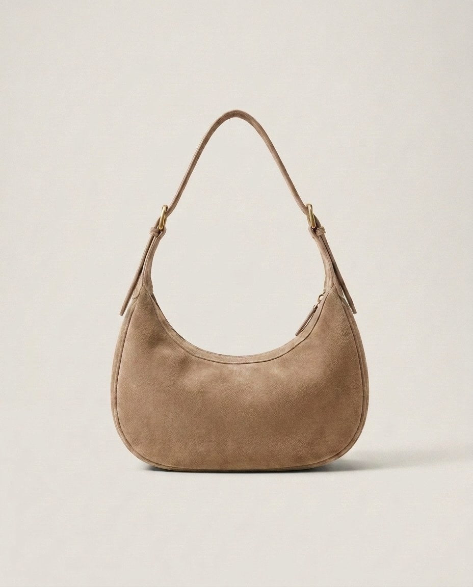 Wildfool The Cassis Crescent Bag in Camel — warm tan brushed leather half-moon bag